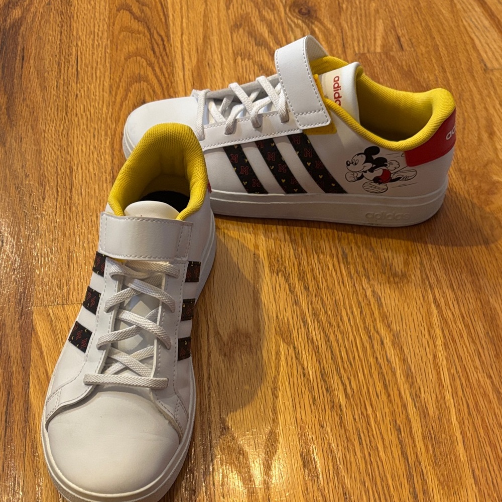 Adidas Kids White Sneakers with Mickey Mouse and Black Stripes